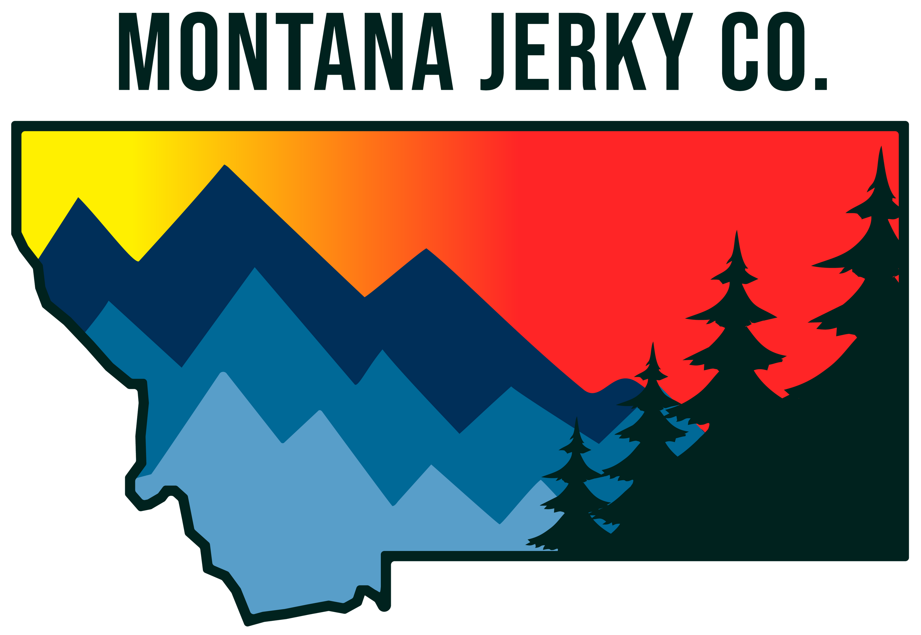 Montana Jerky Co. logo with mountains, trees, and a colorful sky.