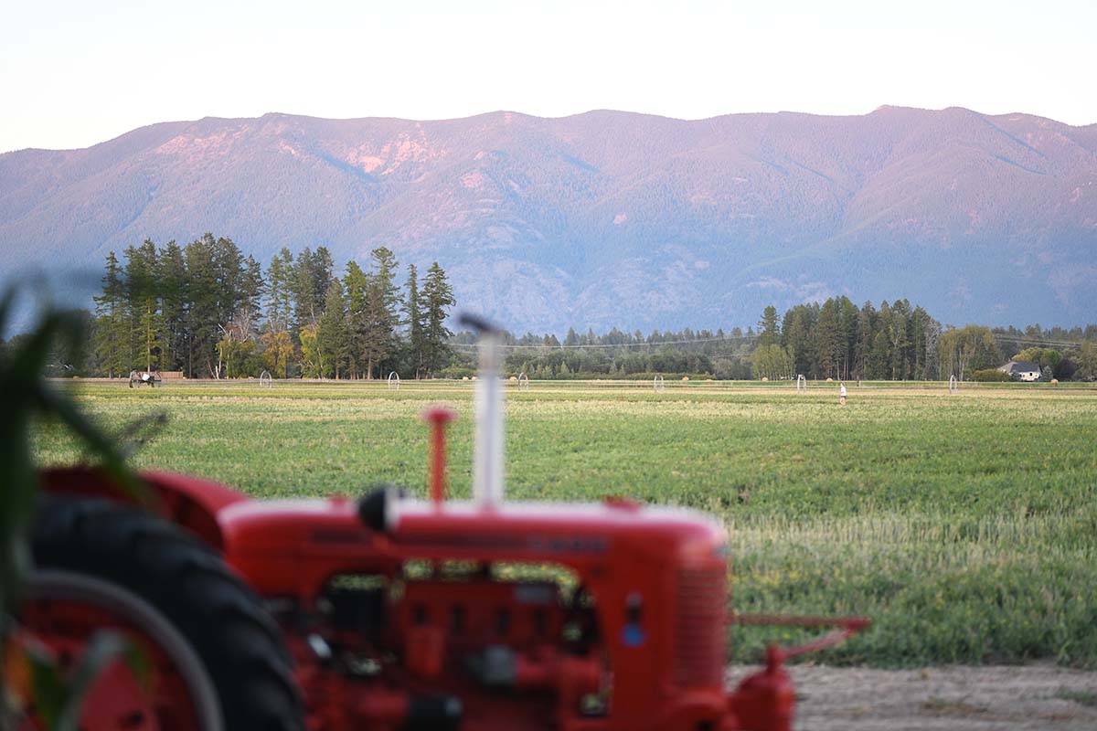 A large red tractor in Montana.
